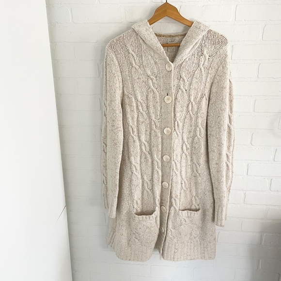 L.L. Bean Women's Hooded Cable Knit Cardigan - Beige - Picture 10 of 15